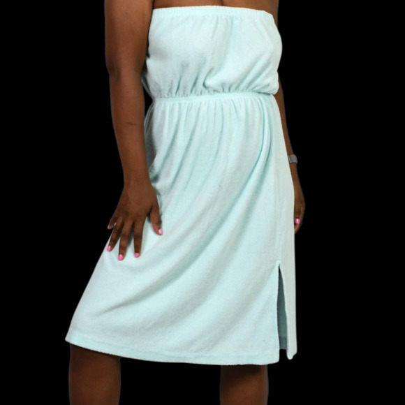 Vintage Terry Towel Dress Blue Swim Coverup Strapless Tube Slits Cotton Medium - Picture 8 of 13